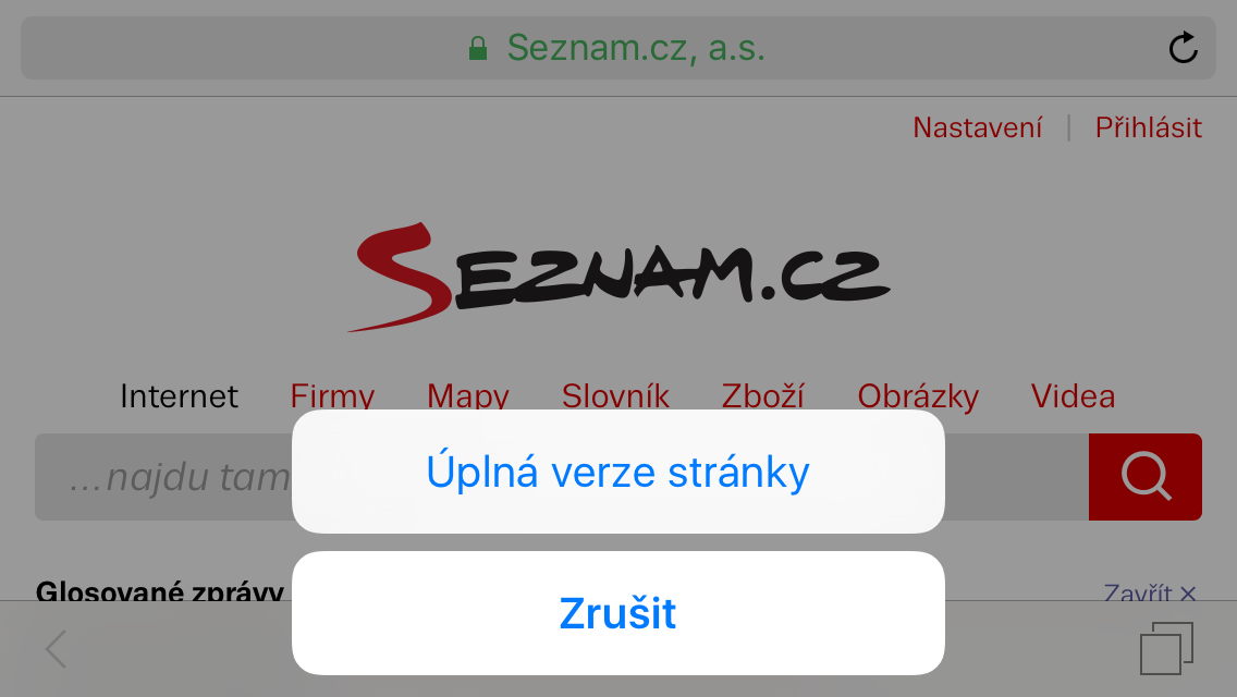 Úplná verze stránky iOS 9 Safari