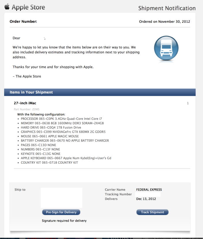 27 inch imac shipped dec 13