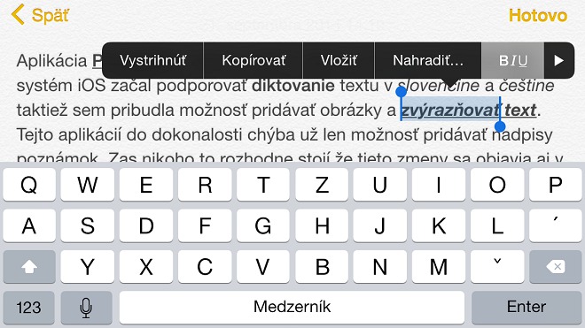 iOS 8 Poznámky upraviť text