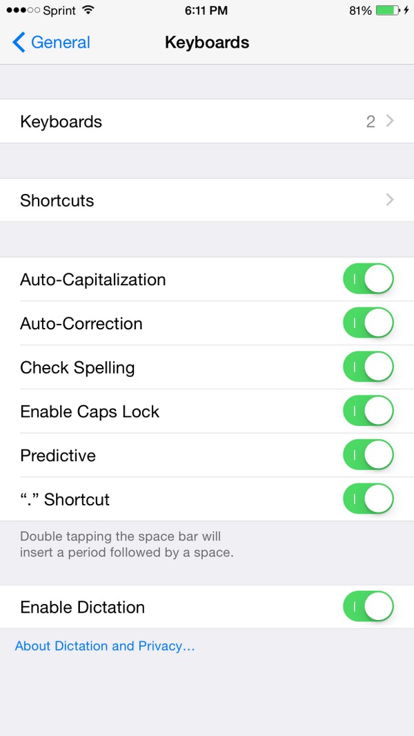 iOS 8.1 Dictation Settings