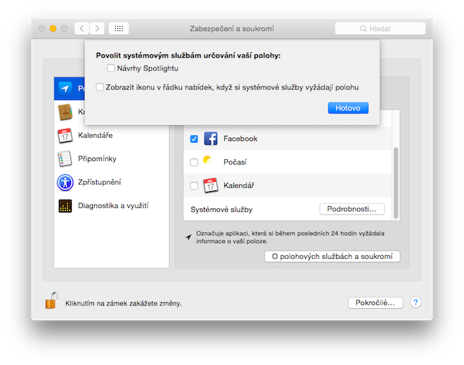 vylepšení výdrže baterie na OS X Yosemite - Polohové služby