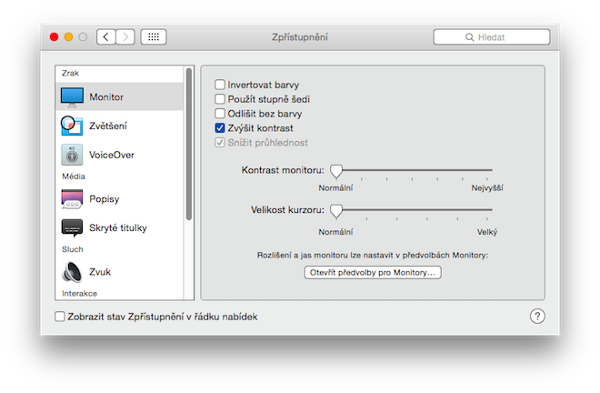 vylepšení výdrže baterie na OS X Yosemite - kontrast