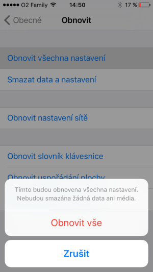 obnovit všechna nastavení