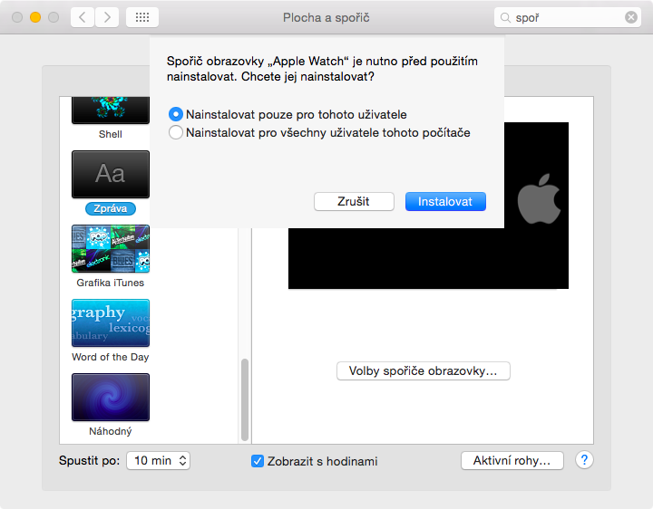 Apple Watch spořič obrazovky pro Mac Nastavení