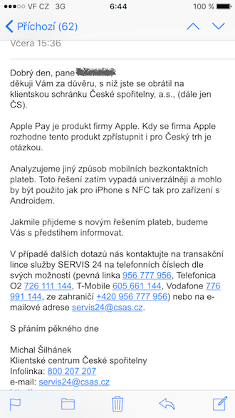 Česká spořitelna bezkontaktní platby pro iPhone