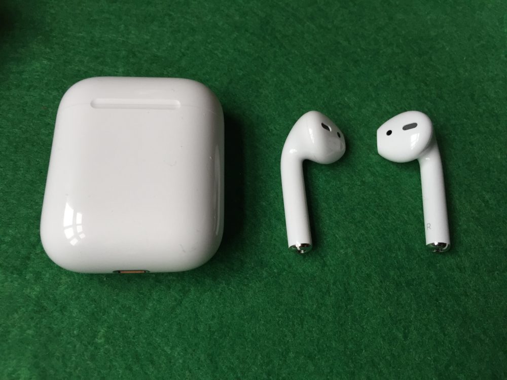 earbuds and case on green
