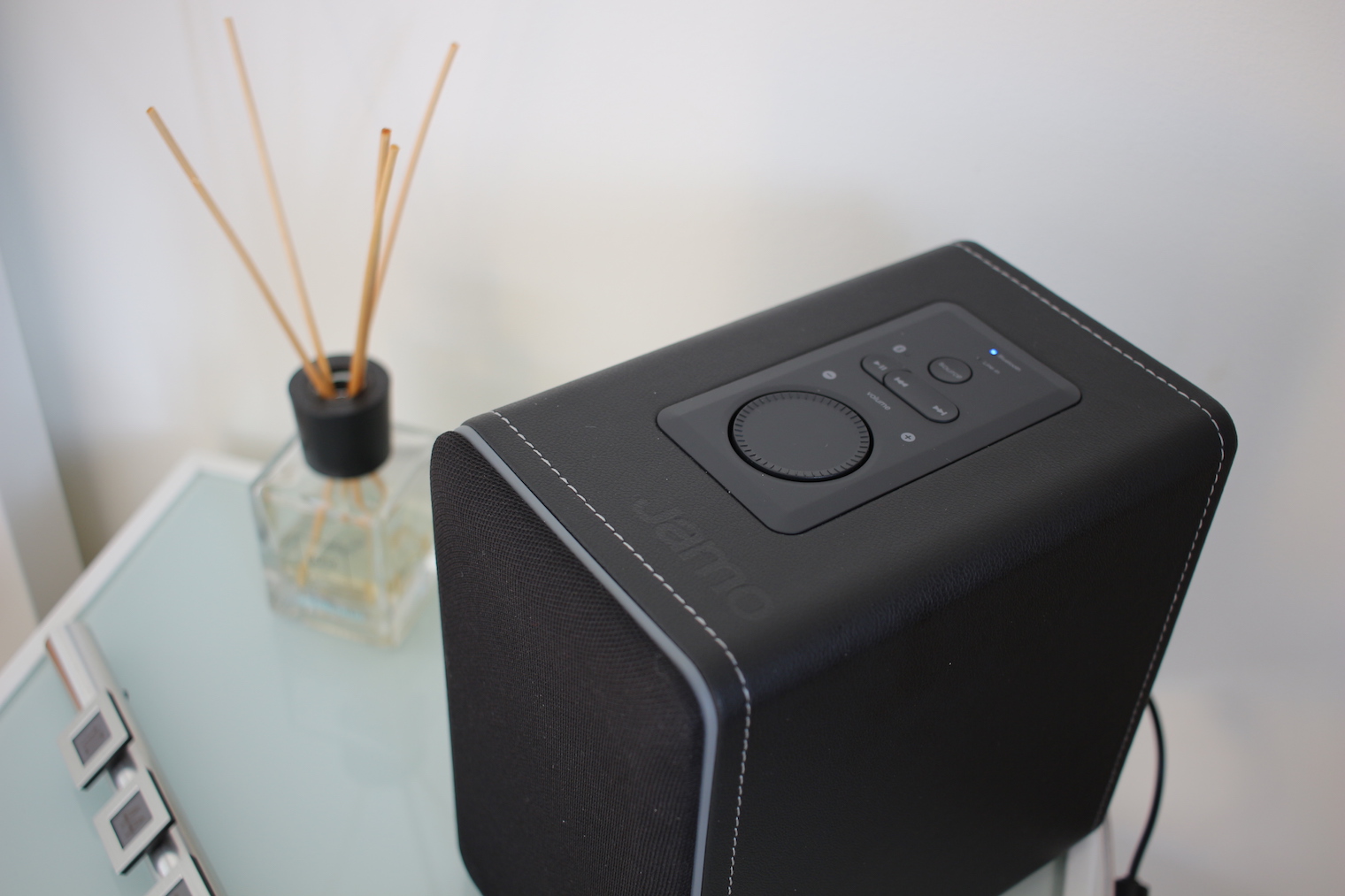 black speaker on table