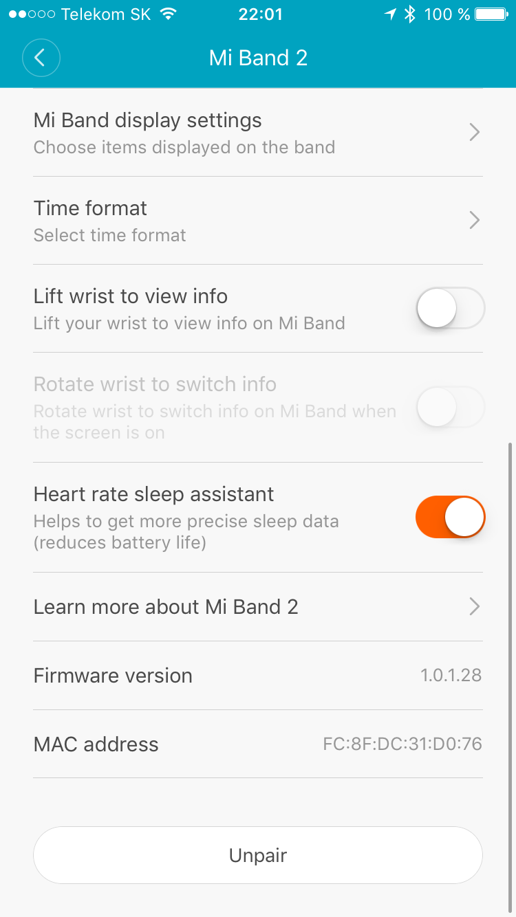 mi band 2 settings screen