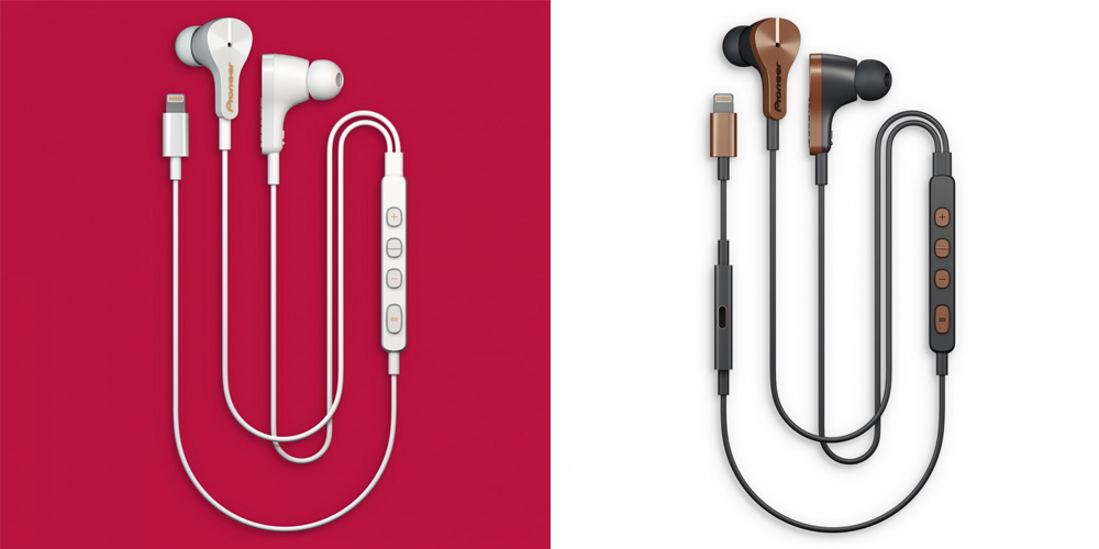 earbuds on red and white background