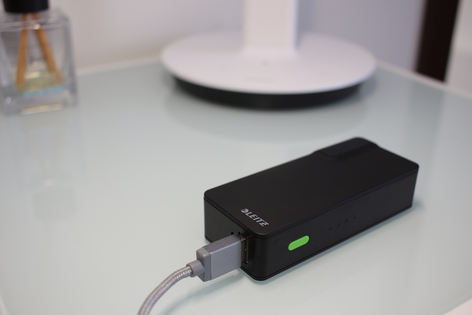 black power bank on desk
