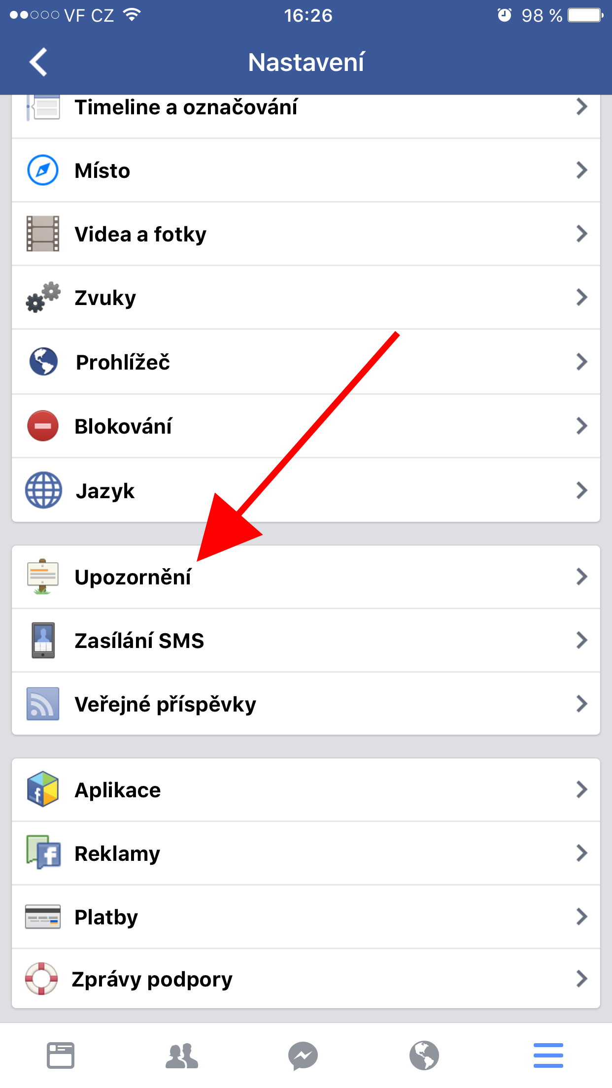 notifications settings menu highlight