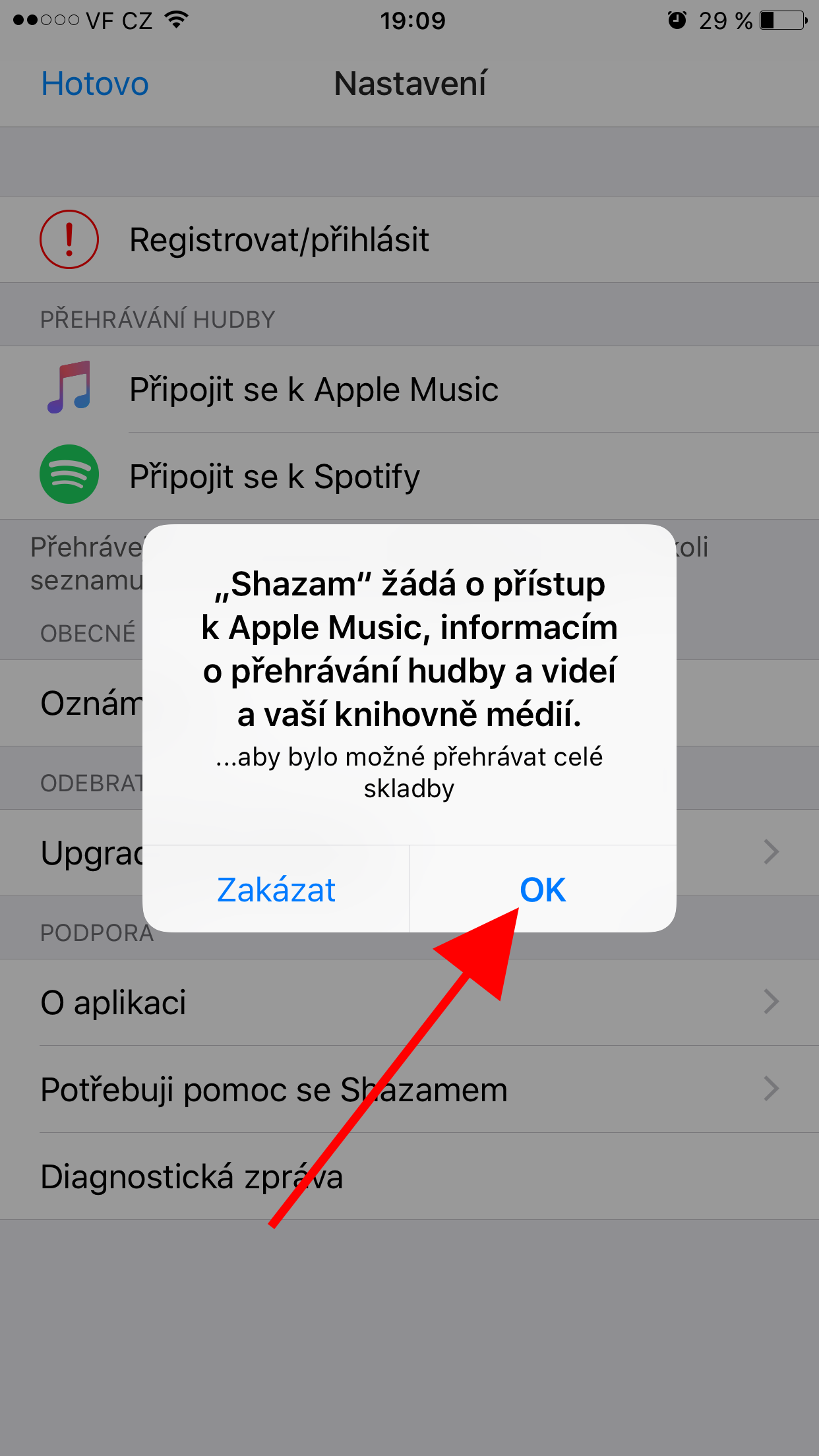 shazam apple music access request