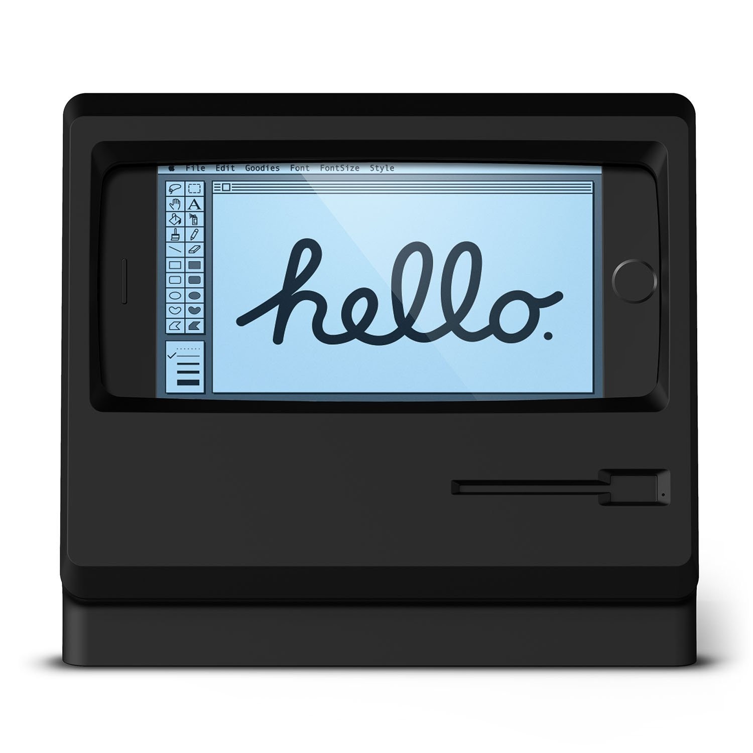 black iphone stand hello