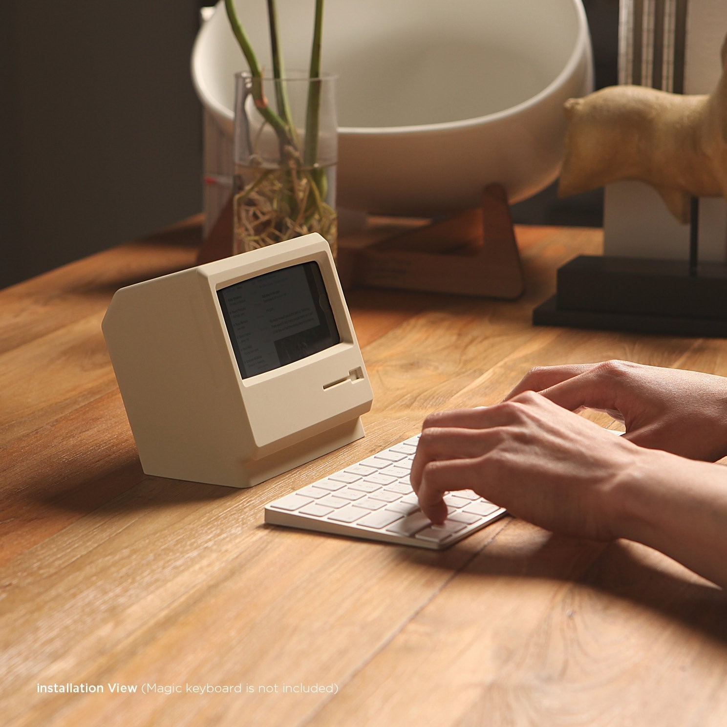 retro computer phone stand setup