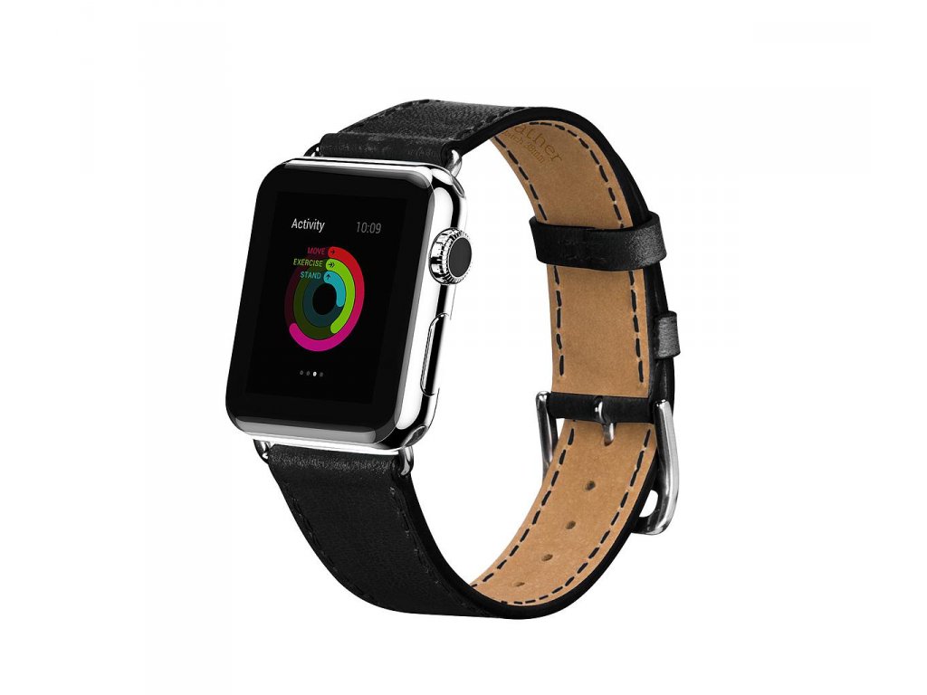 smartwatch with black leather strap