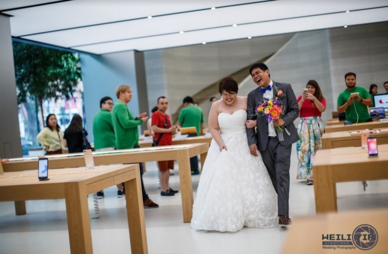 wedding couple laughing store