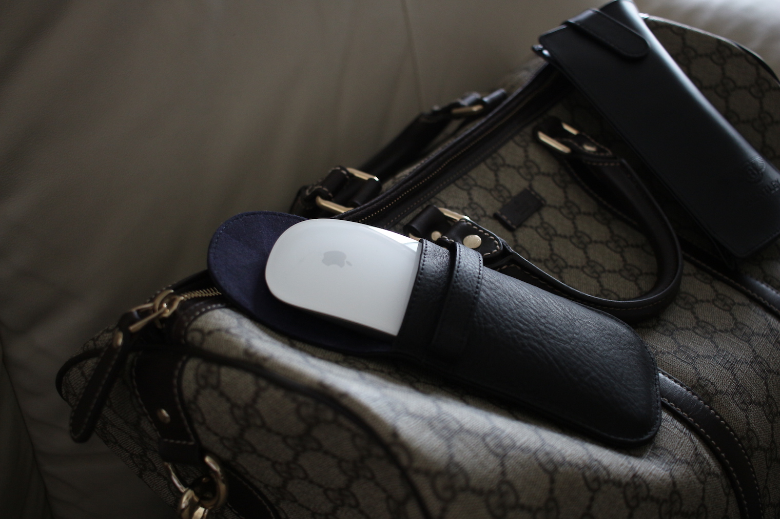 black leather case with apple mouse