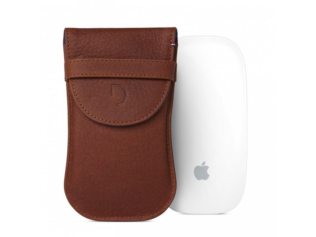 brown leather case with apple mouse