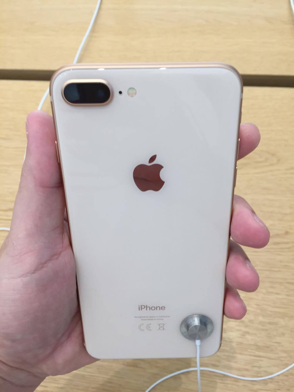 hand holding gold iphone back dual camera