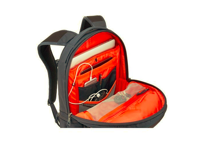 backpack open with gadgets