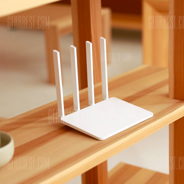 router on wooden shelf