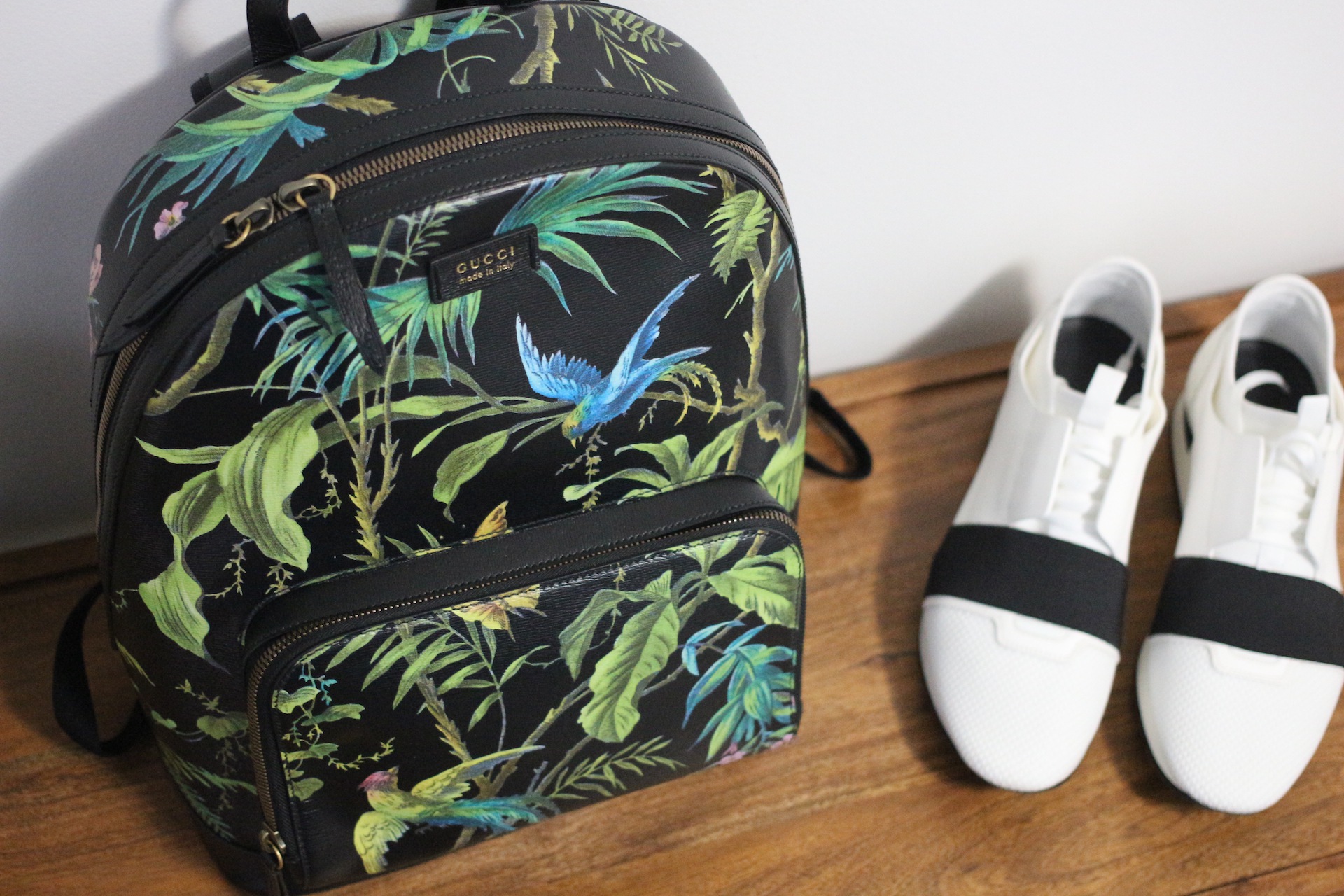 floral backpack white shoes