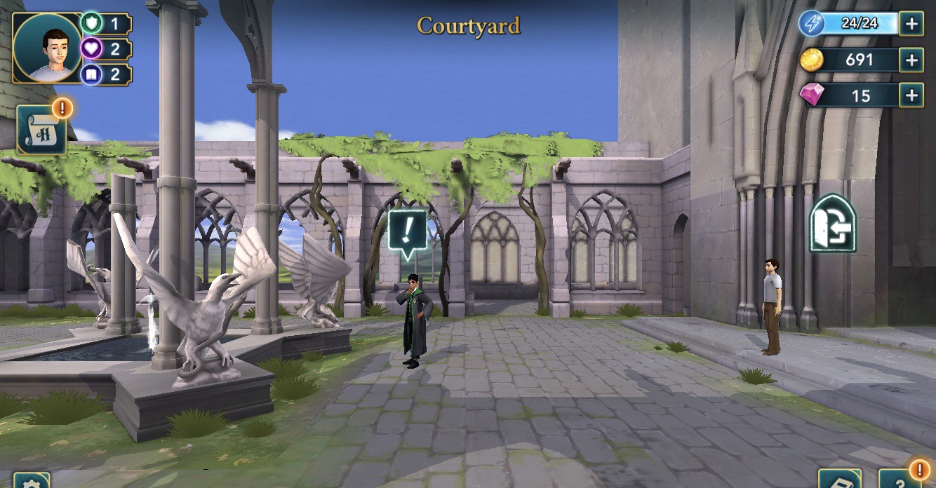 courtyard statue and characters