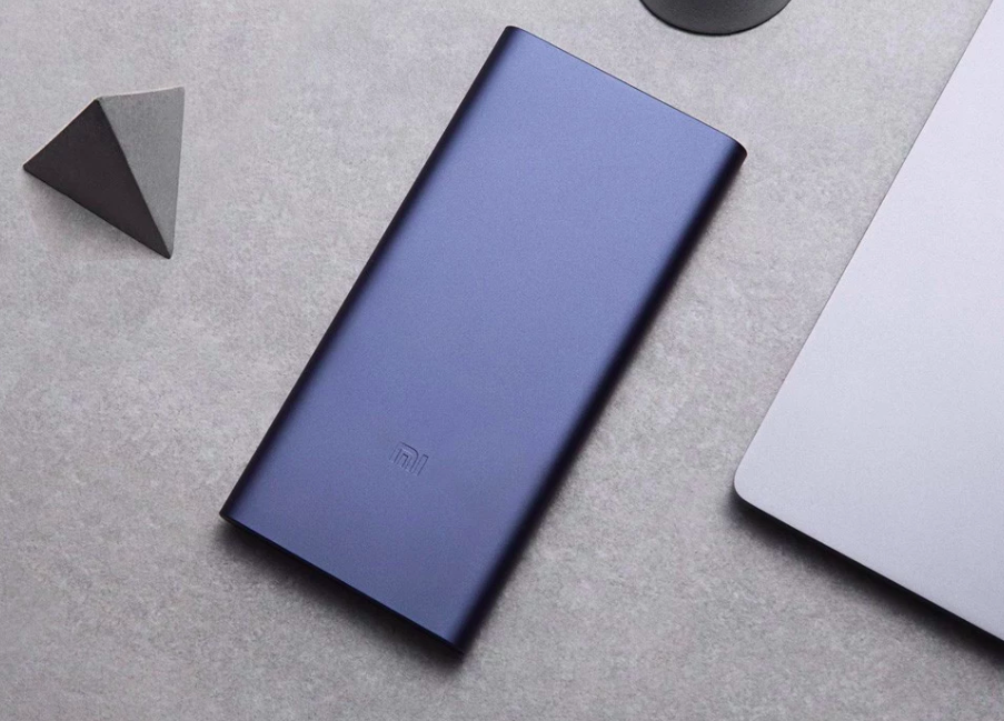 blue power bank on table