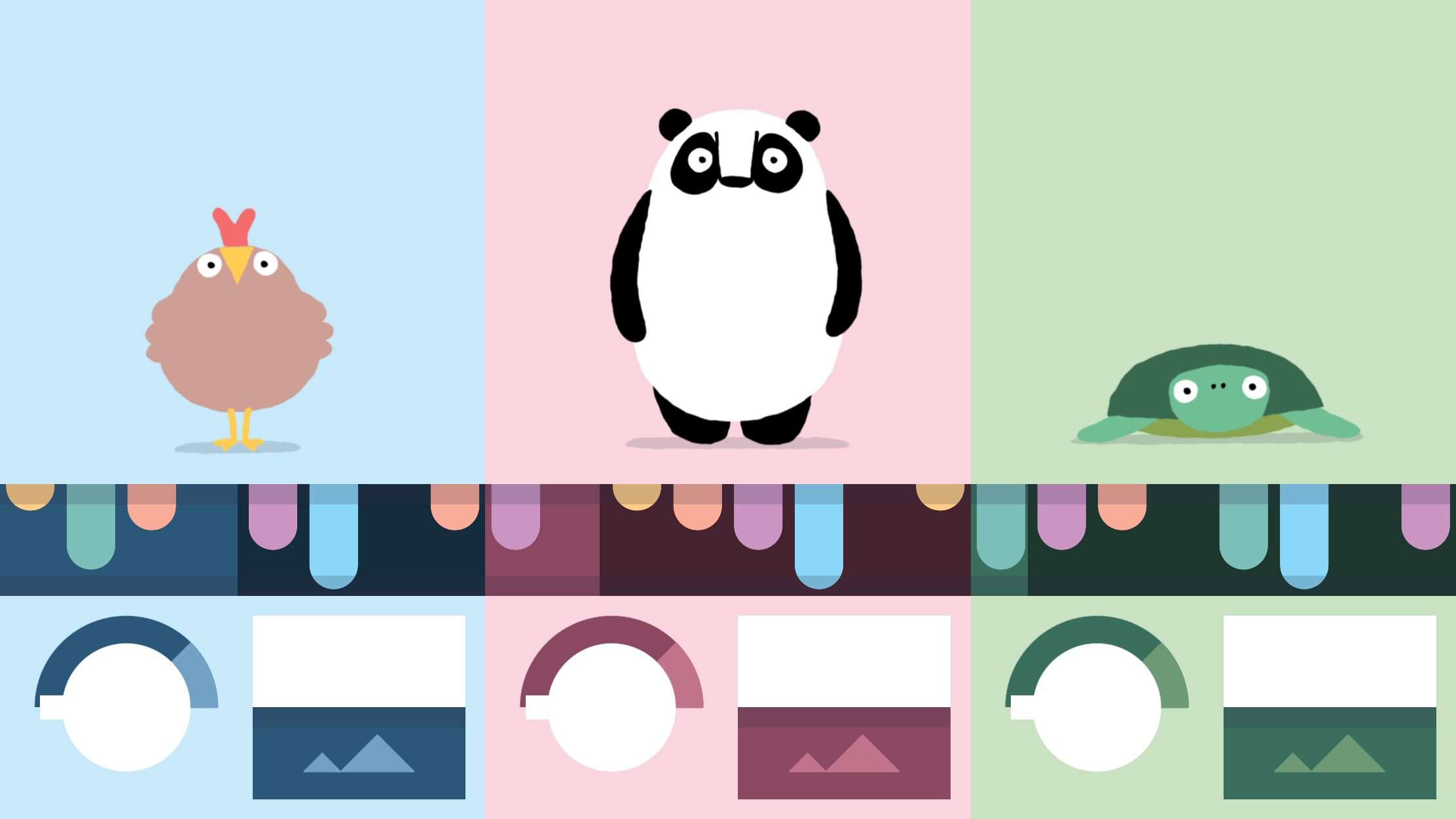 animal illustrations chicken panda turtle