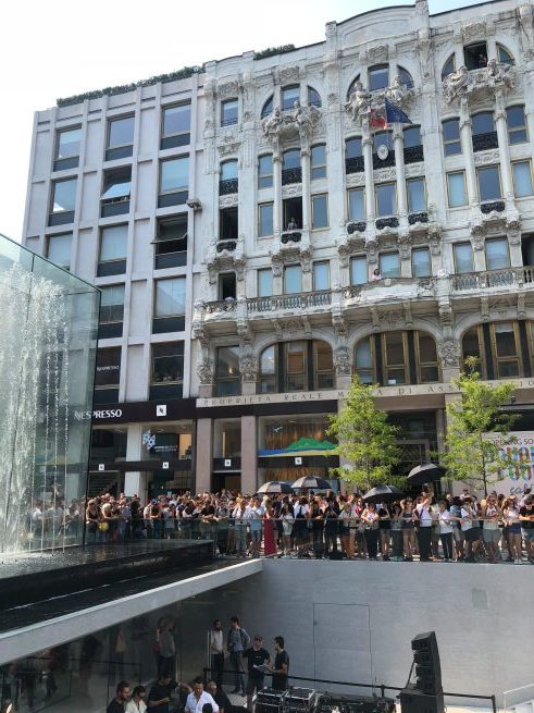building facade with crowd