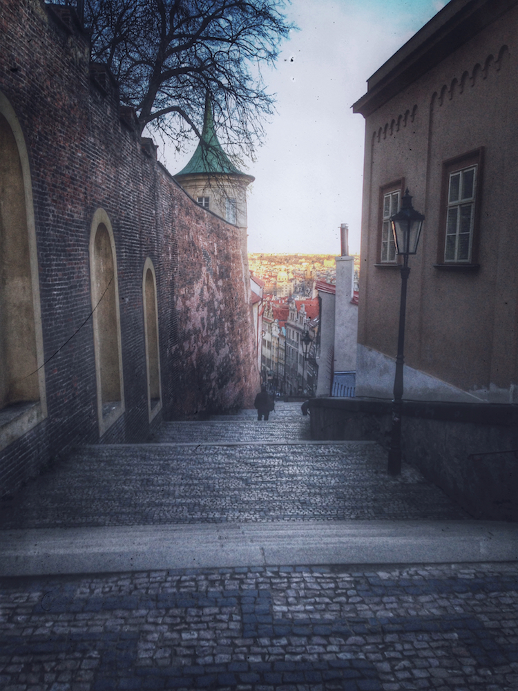 stone staircase city view