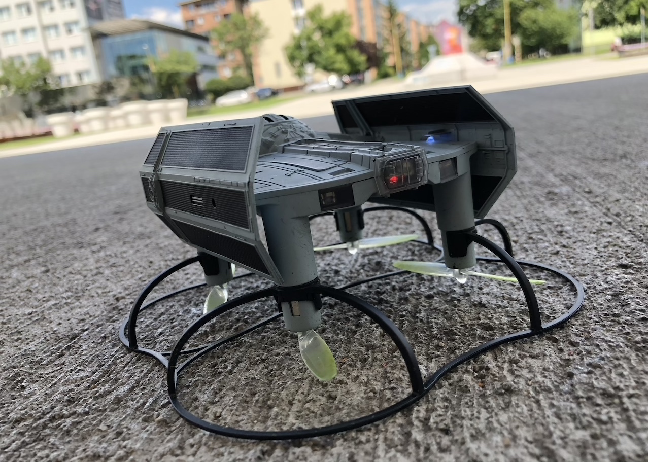 tie fighter drone close up on ground