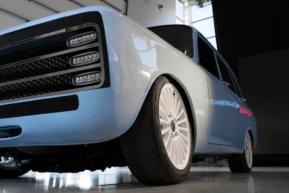 blue retro car closeup