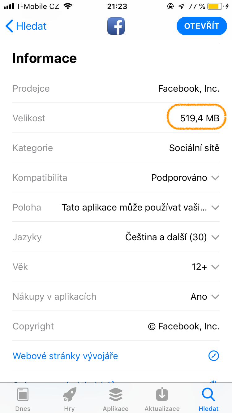 facebook app information screen