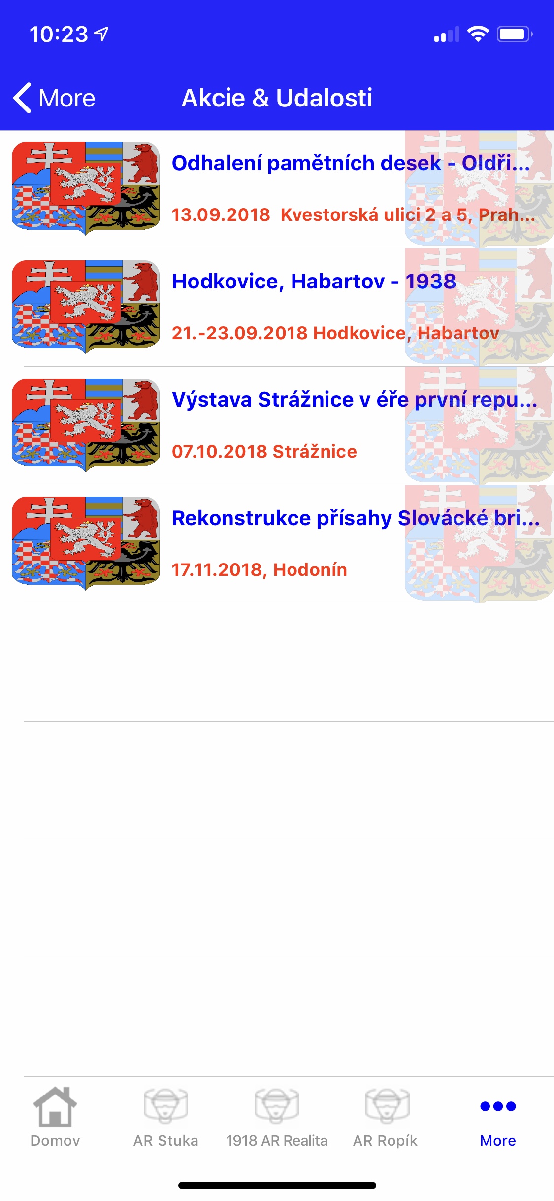 events list with dates