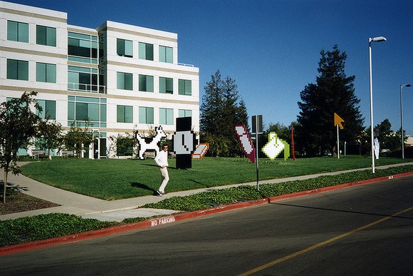 office building with pixel art