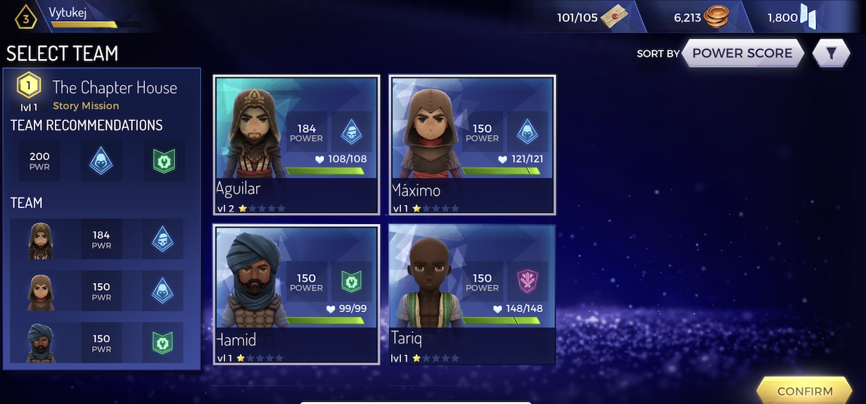 team selection screen