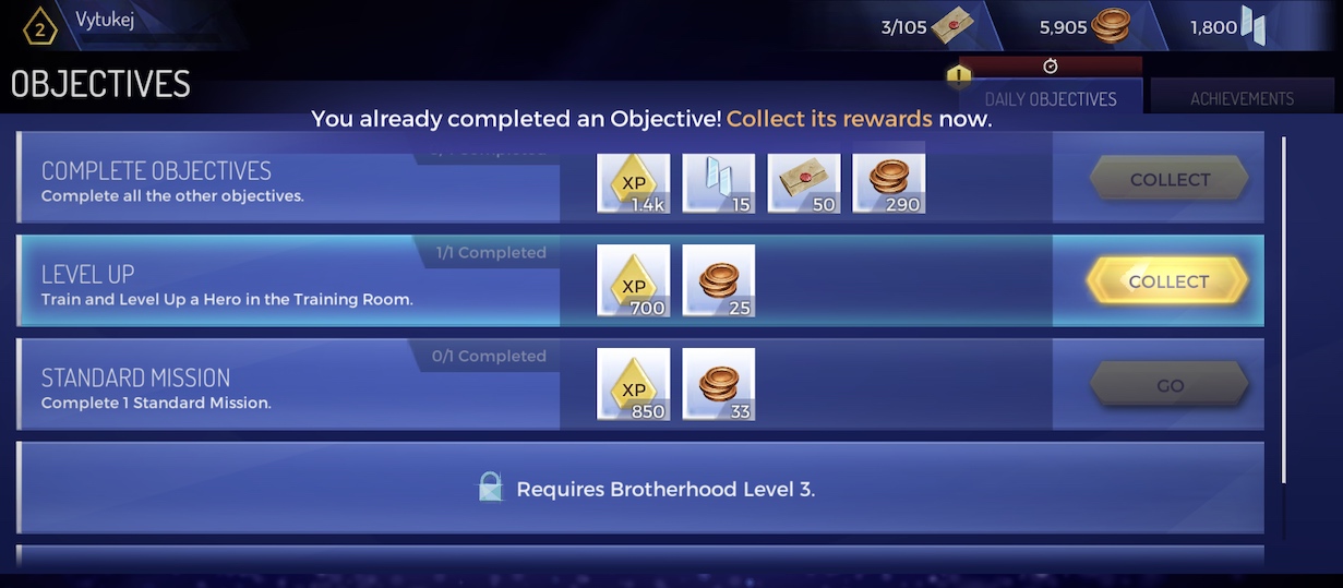 video game objectives screen
