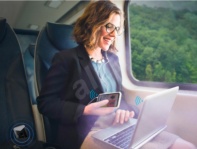 woman using wifi on train