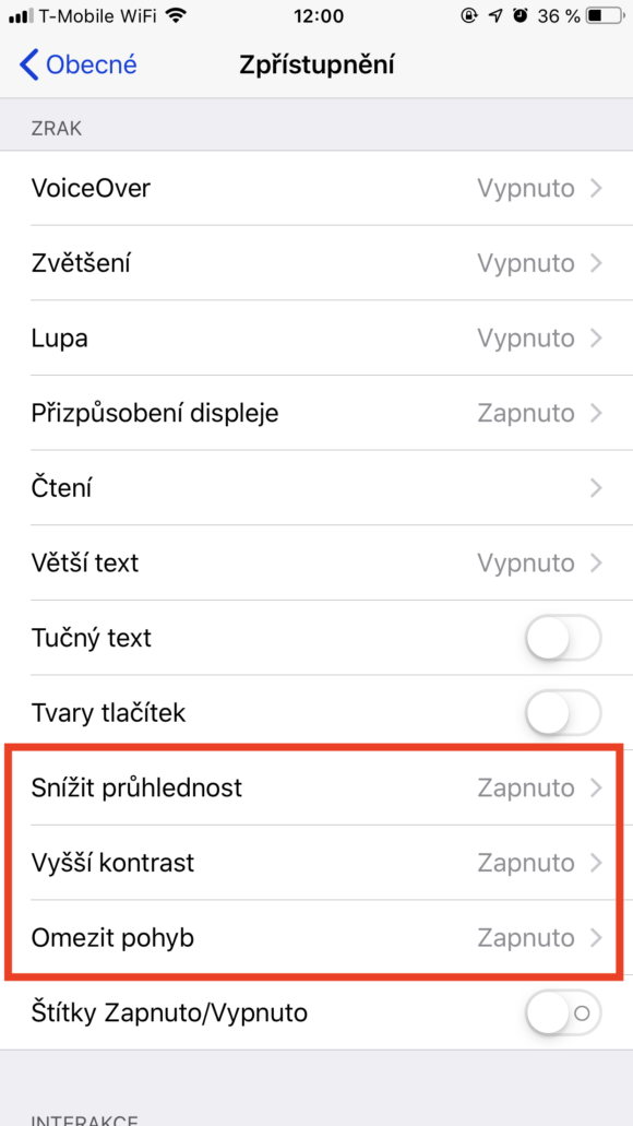 Nastaveni Zpristupneni Pruhlednost Kontrast Pohyb