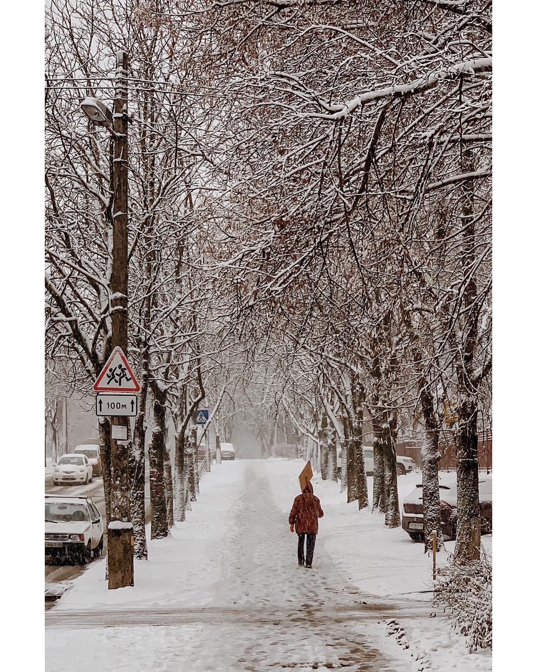 person walking snowy street