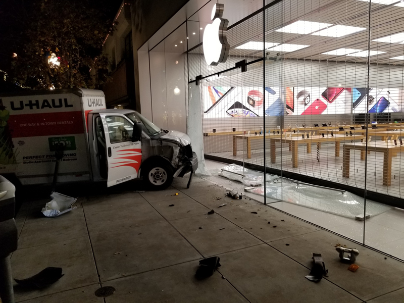 van crash into apple store