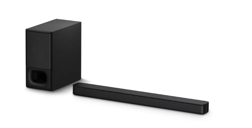black soundbar and subwoofer