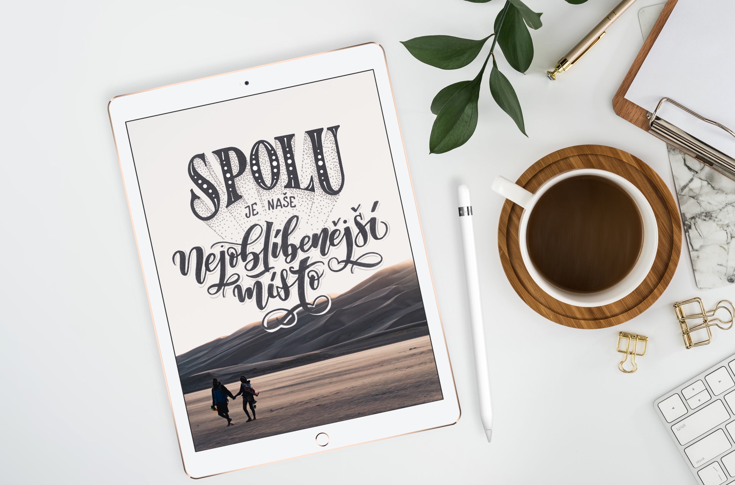 tablet with quote and coffee