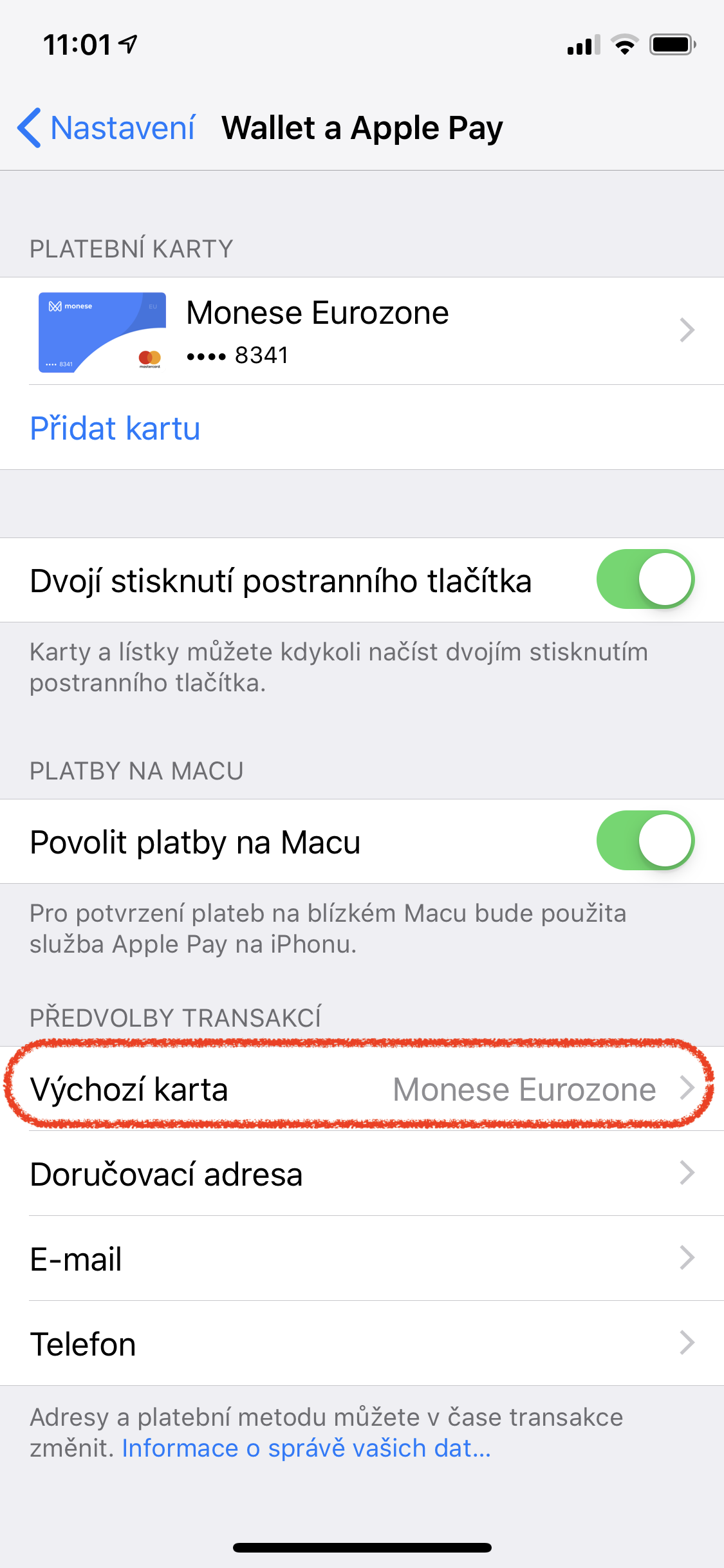default card settings