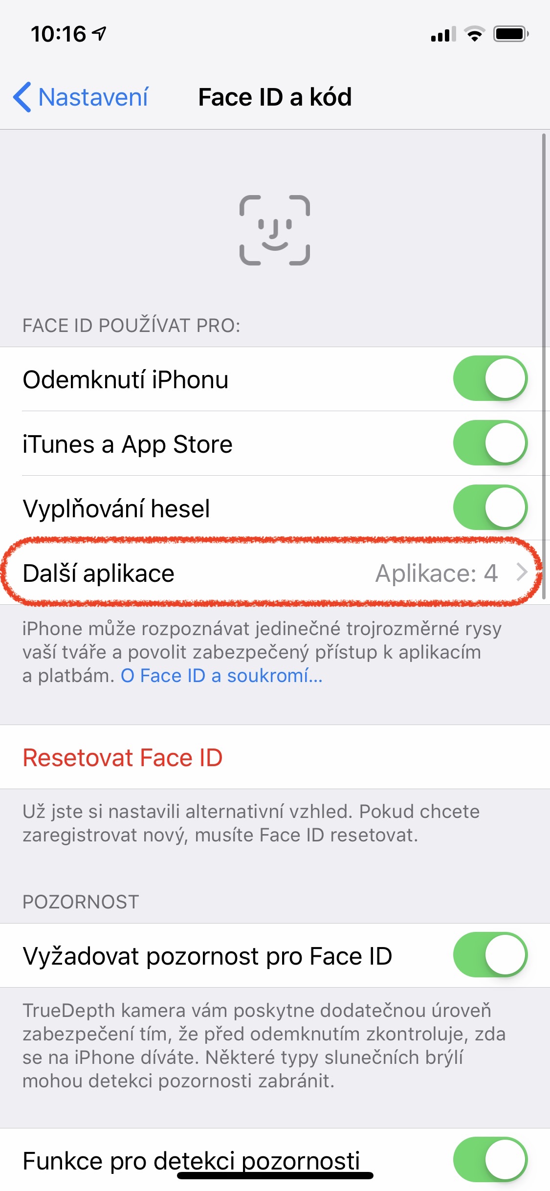 face id settings screen