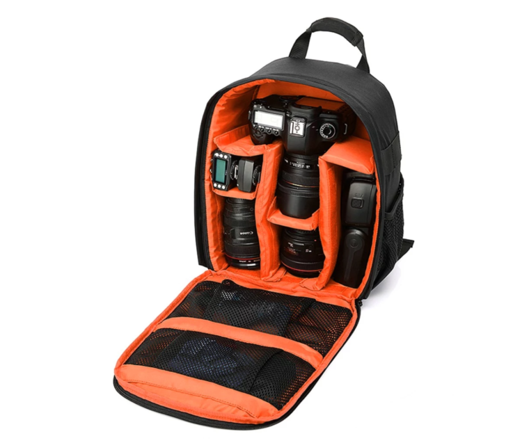open camera backpack with gear