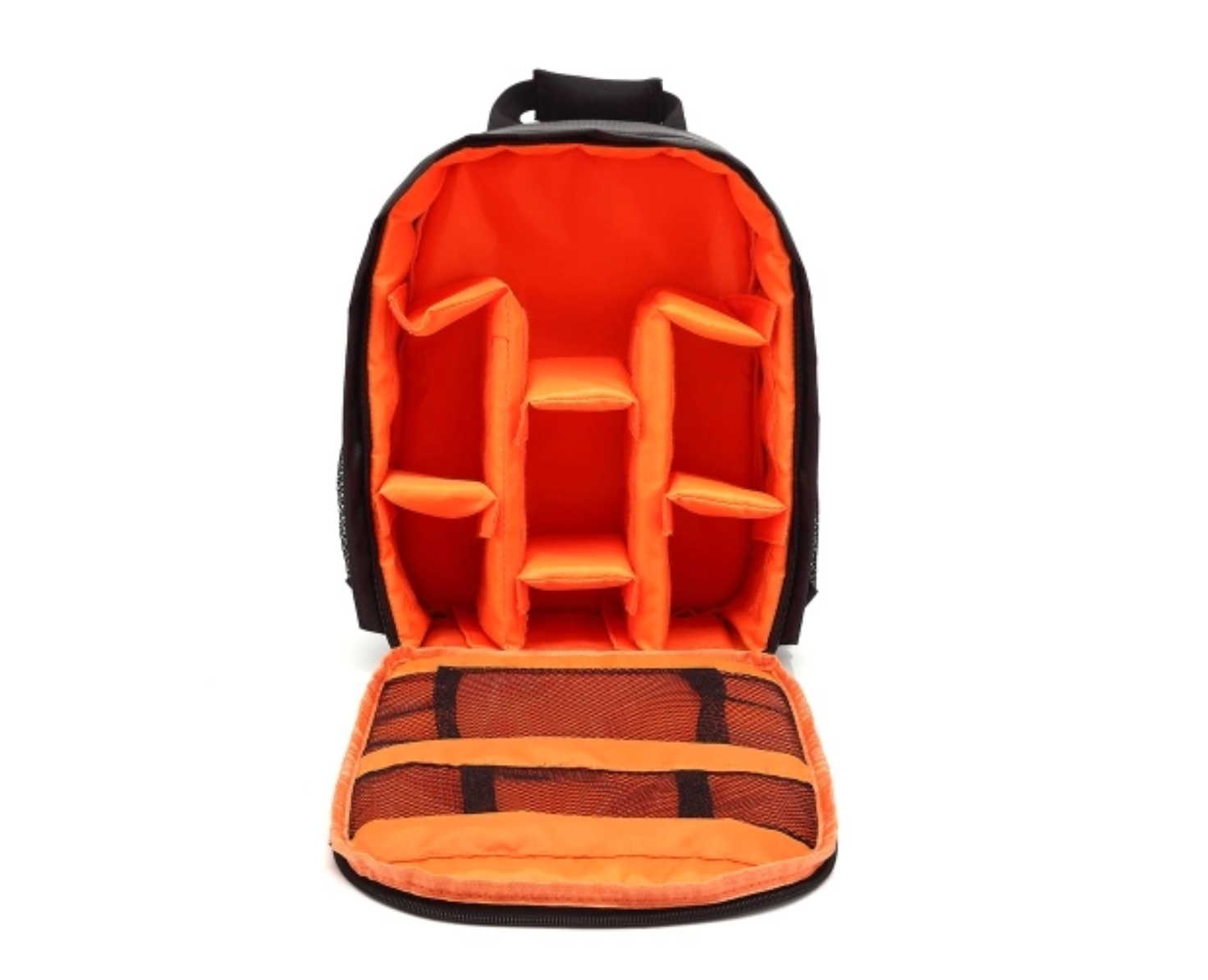 orange interior camera backpack