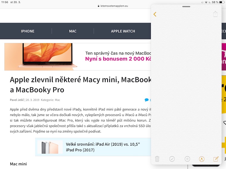 iPad Poznamky Safari Split View