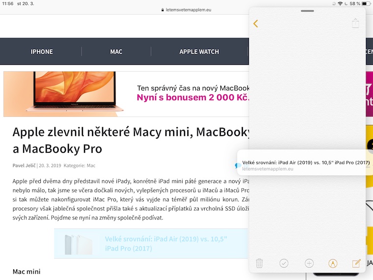 iPad Poznamky SplitView presun odkazu